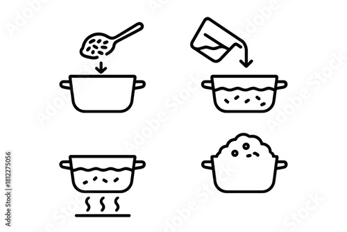 Cooking process icons showing steps for preparing rice or grains in a pot