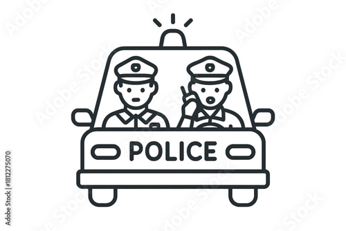 Police patrol car with two officers driving and communicating on radio