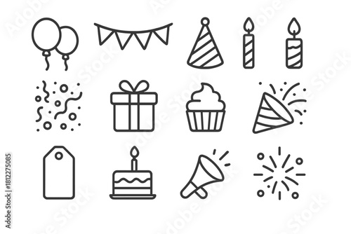 Minimalist outline symbols for birthday party and celebration elements cake, candles, balloons, and gifts