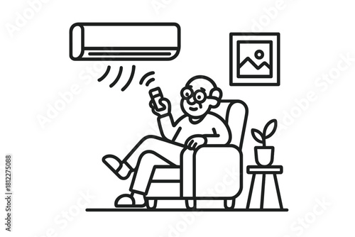 Elderly man relaxing in armchair controlling air conditioning unit with remote control