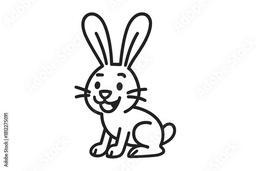 Simple black outline drawing of a cute cartoon bunny rabbit sitting and smiling happily
