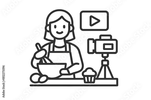Female chef recording a cooking tutorial video for social media content creation and online streaming