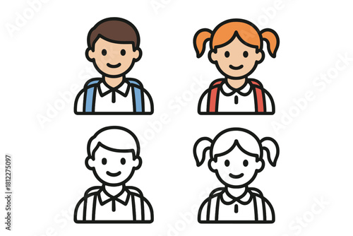Simple avatar icons of smiling school children wearing backpacks in color and outline versions