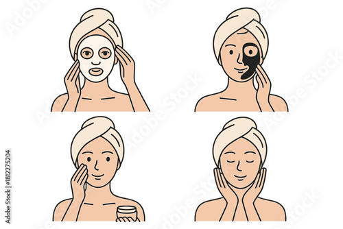 Skincare routine steps applying face mask and moisturizing cream for beauty and wellness