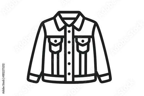 Minimalist black and white outline of a classic denim jacket featuring a collar and front pockets