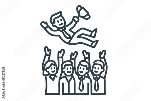 Successful businessman holding a trophy tossed into the air by cheering colleagues