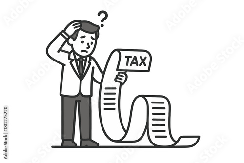 Frustrated man scratching head holding long overwhelming tax bill