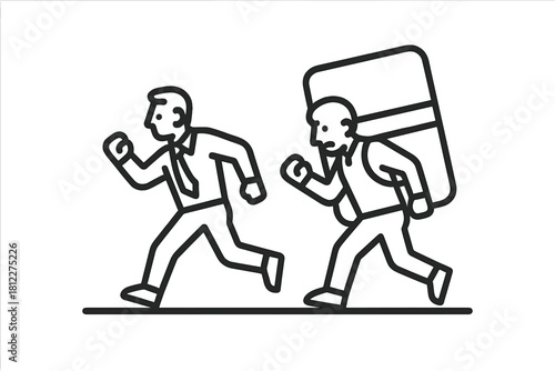 Businessman running away from a problem while another carries a giant eraser burden on his back
