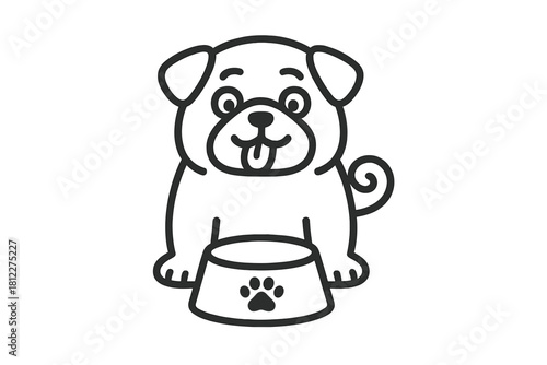 Cute cartoon puppy dog sitting in front of a food bowl with a paw print icon