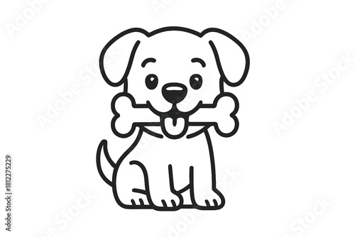 Cute cartoon puppy sitting down and happily chewing a large bone treat