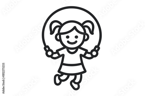 Simple black outline of a smiling young girl jumping rope during a fun physical activity