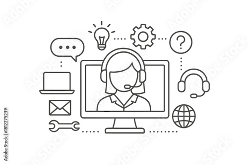 Remote customer service agent displayed on a monitor with technical support symbols