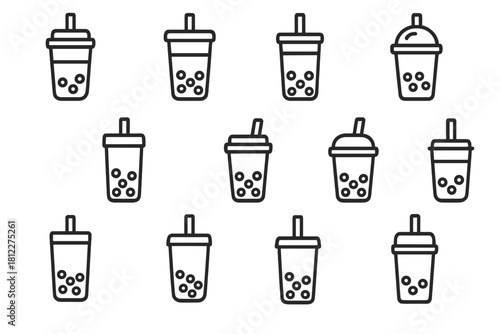 Seamless pattern featuring bubble tea cups and boba drink icons in black and white outline