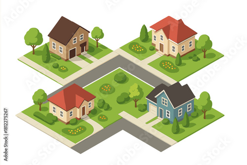 Residential area street intersection with four colorful isometric houses and green yards