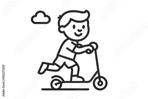 Happy young boy riding a kick scooter outdoors with a cloud in the background