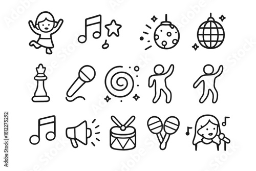Minimalist black and white line art symbols for celebration, music, dancing, and nightlife activities