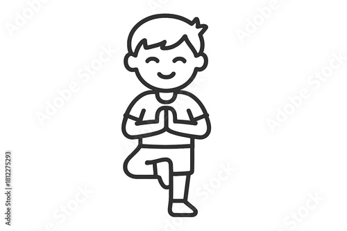Cheerful young boy practicing Vrikshasana yoga tree pose with hands in Namaste prayer position