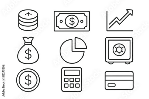 Collection of essential financial and banking icons including money, savings, growth chart, and payment methods