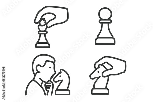 Outline icons set of chess game elements, pieces, moves, and strategic thinking