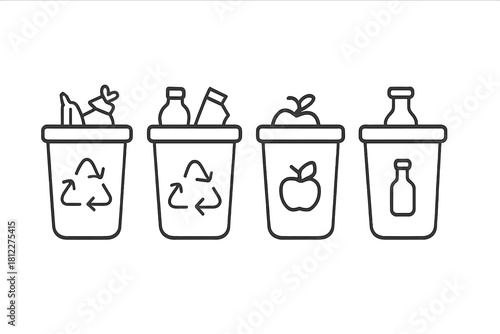 Four different types of waste sorting bins for recycling plastic, glass, paper, and organic materials