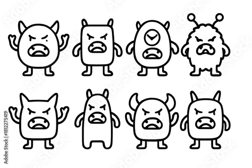 Eight angry cartoon monsters with horns and grumpy faces in simple outline style