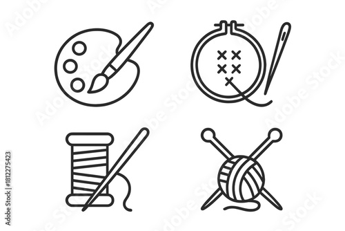 Outline icons of essential craft supplies and creative hobbies like painting, sewing, and knitting tools