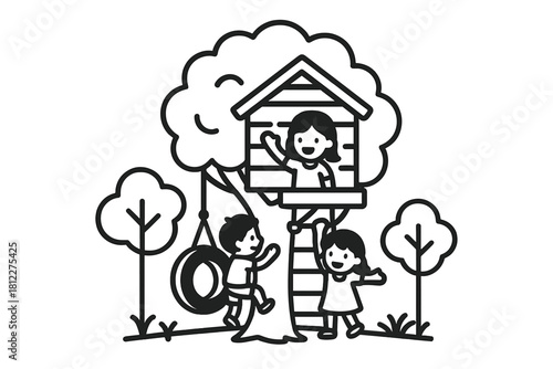 Joyful children playing outdoors climbing a treehouse ladder and swinging
