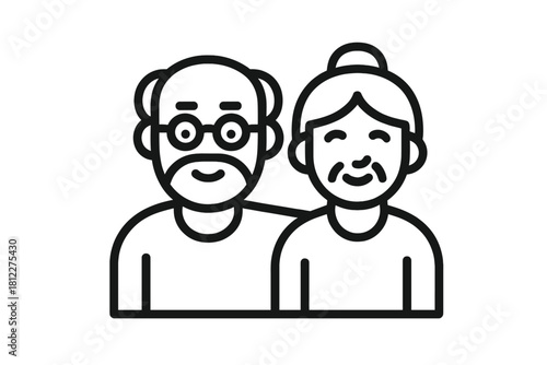 Minimalist black and white outline portrait of a happy elderly couple standing together