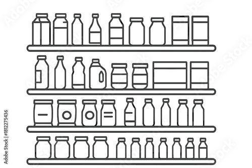 Grocery store shelves stocked with various food and drink containers and packaged goods