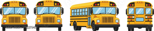 Yellow school bus vector set, front side and back view, education transport vehicle collection, isolated on white background.