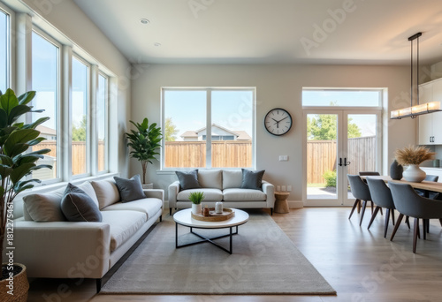 Modern contemporary home interior and exterior new construction professionally staged with simple clean furniture shades of grey and white soft colors white cabinets vinyl flooring windows to blue sky