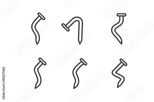 Collection of six bent and crooked nails used for construction and carpentry