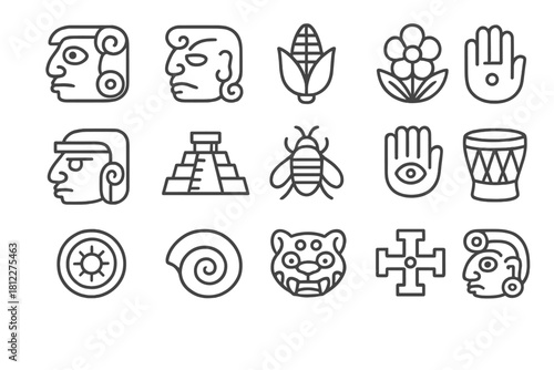 Traditional Mesoamerican glyphs and symbols representing Mayan culture, history, and mythology