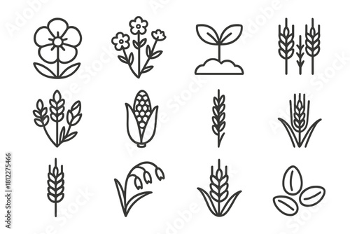Linear icon set of agriculture, farming, plants, flowers, grains, and seeds symbols