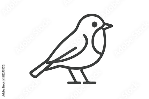 Minimalist black outline drawing of a small songbird standing in profile, simple graphic style