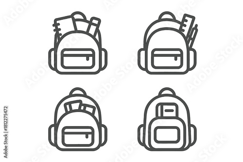 Minimalist line art icons of school backpacks and bags with educational supplies and stationery