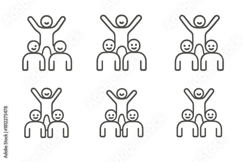 Minimalist repeating pattern of successful team members forming a celebratory human pyramid structure