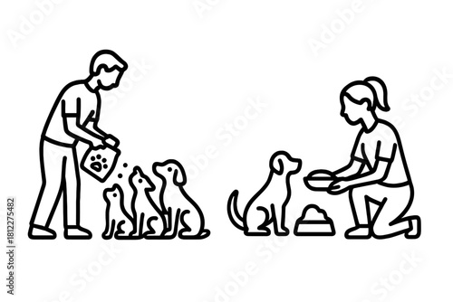 Pet owners feeding dogs and puppies, illustrating animal care and nutrition