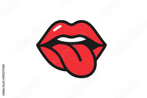Red lips sticking out tongue in bold pop art style with thick black outlines