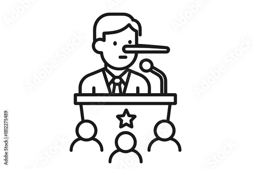 Speaker at a podium with an exaggerated long nose symbolizing political dishonesty and lies