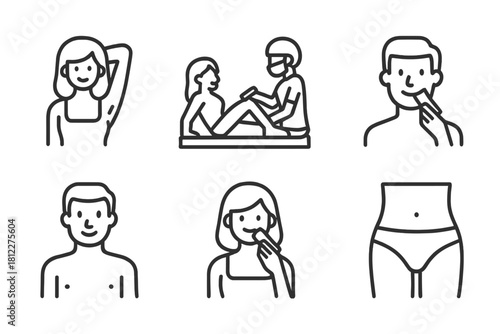Detailed outline symbols representing various body care, personal hygiene, and hair removal treatments