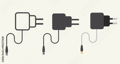 Vector icons of various charger adapters and power plugs in a clean minimalist style. Suitable for illustrating electronics, charging devices, power supply concepts, mobile accessories, and technology