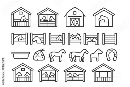 Outline symbols of horse stables, barns, fences, horses, and equestrian equipment