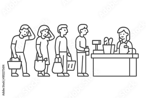 Customers waiting in line at the supermarket checkout counter with a cashier
