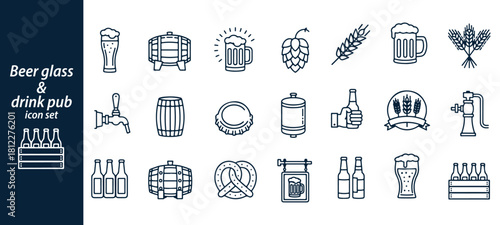 Beer glass and drink pub outline icon set
