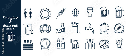 Beer glass and drink pub outline icon set