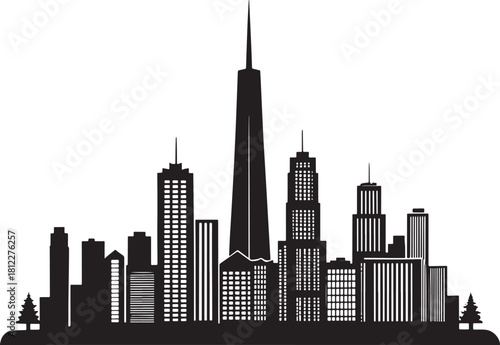 Minimal black city skyline silhouette with clean straight lines, high-contrast vector style, no shadows, perfectly isolated on a bright white background.