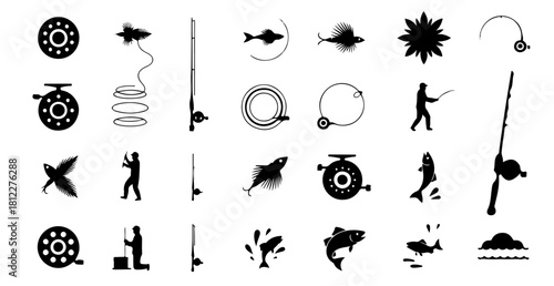 Fly fishing icon set showing outdoor recreation and hobby in minimalist black and white style
