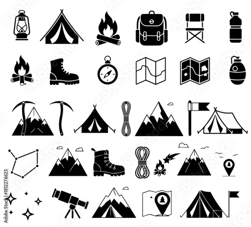 Plan your thrilling outdoor adventure with camping equipment vector icons ready for your designs