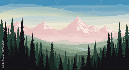 Stunning minimalist vector art of pink mountains and dark evergreen trees for websites and app backgrounds, evoking tranquility and serenity